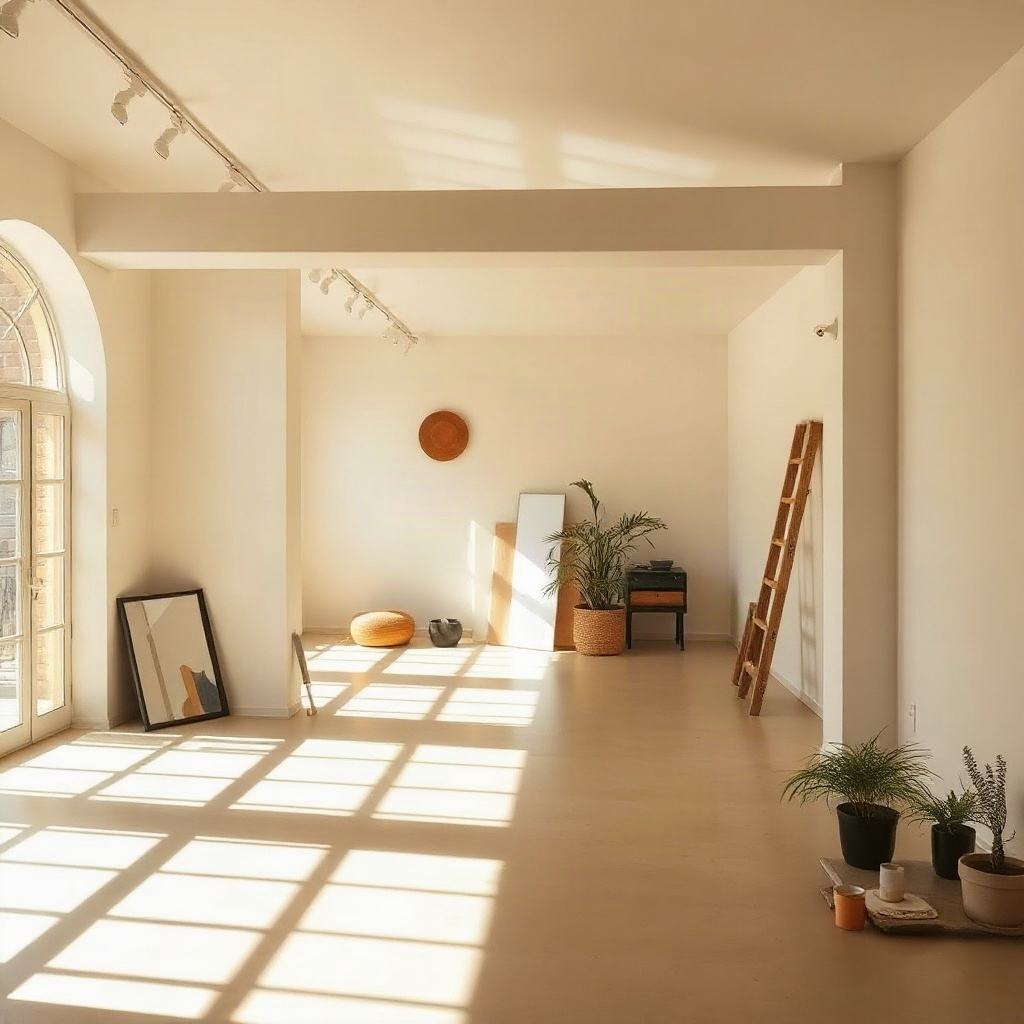 Sunlit studio interior with a wooden ladder
